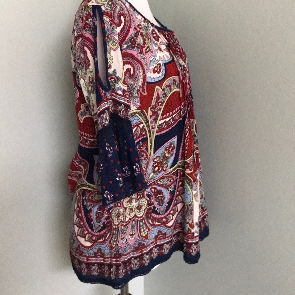 Bila cold shoulder red and navy Boho top - Picture 3 of 8